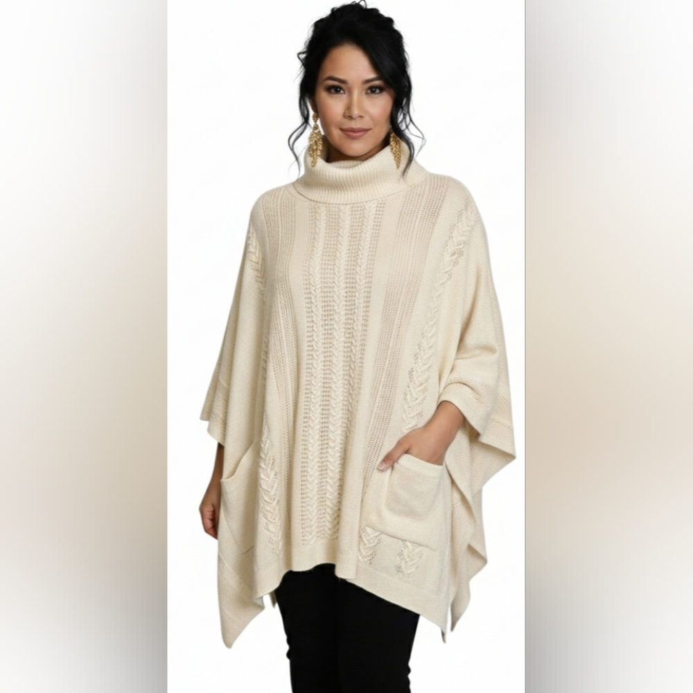 NWT White House Black Market Ivory Knit Poncho Size L/XL With Gold Thread